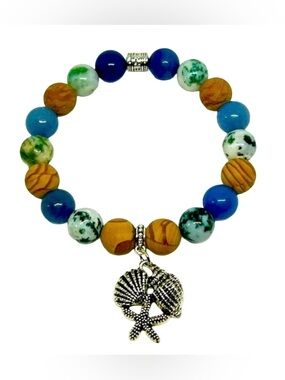 Handmade Seashell & Starfish Semi-Precious Stone Elastic Charm Bracelet!